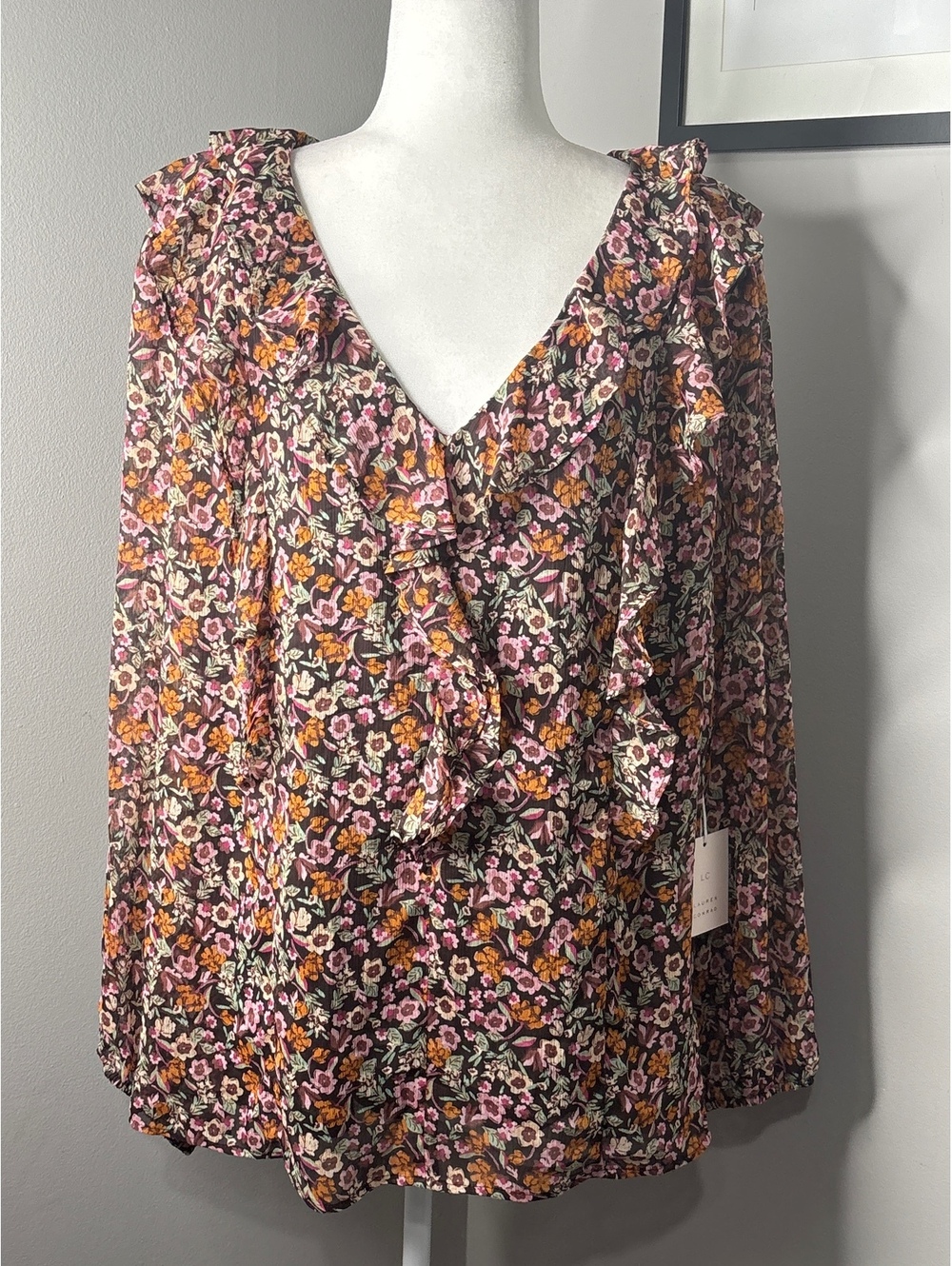 Lauren Conrad Floral Ruffle Blouse 3X Brown Orange Pink Polyester
